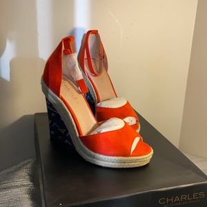 Orange multi color heel wedge sandals